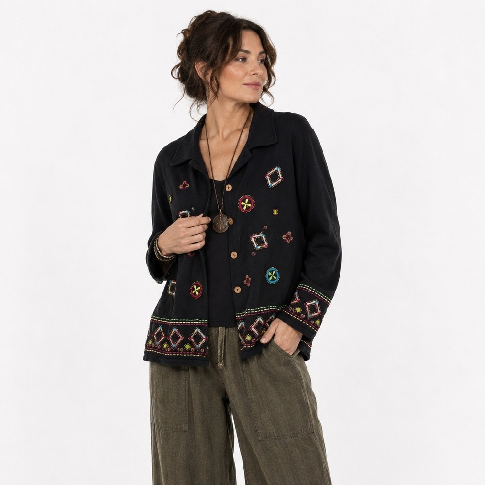 Embroidered Beaded Cardigan Jacket M Black Wood Buttons Artsy Boho Folk Art